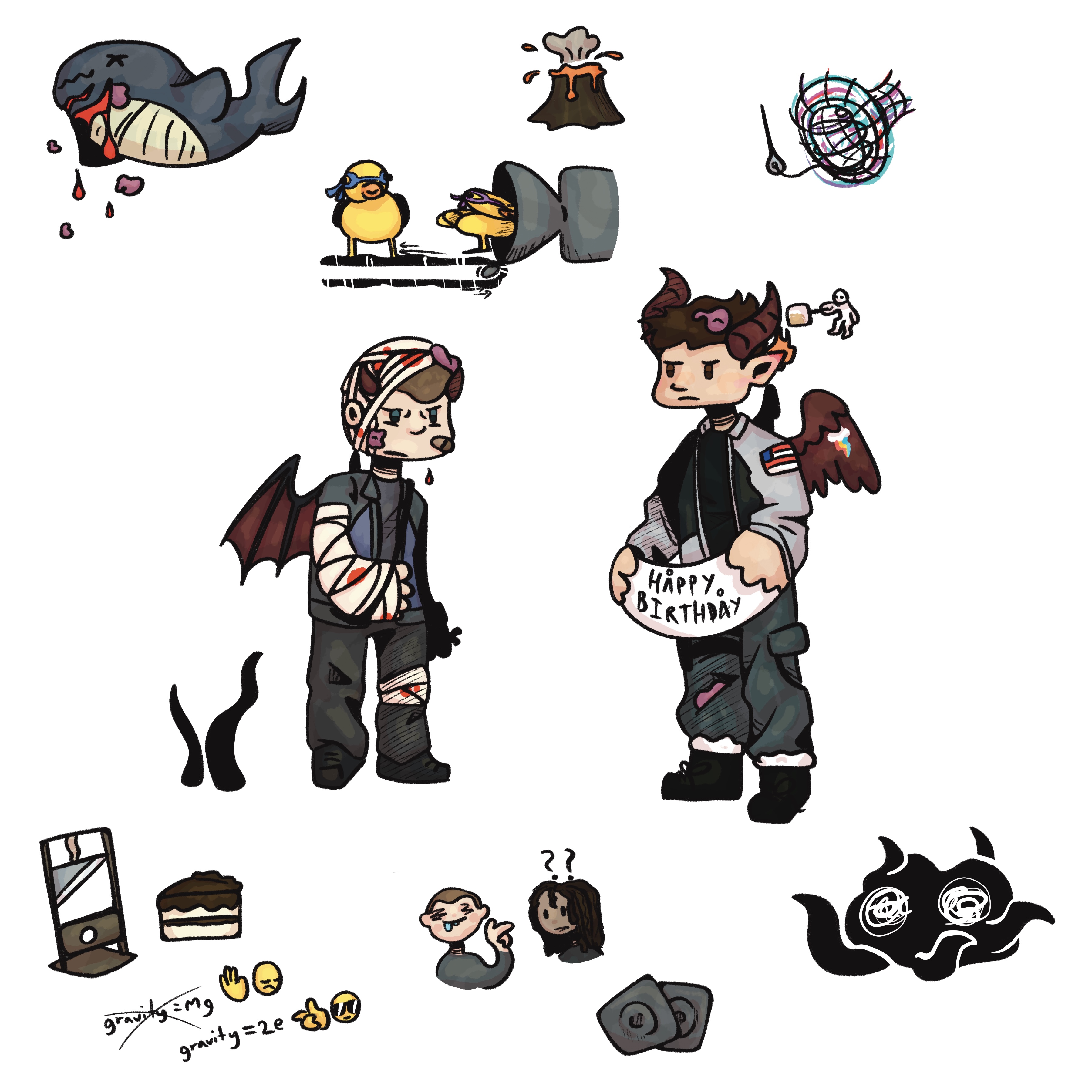 Rodney and John with wings and horns. John is holding a sign that says Happy Birthday. He is blushing and his earth is on fire. Someone is roasting marshmallows over it. Rodney is covered in bloody bandages.  Elements from the story are in the background including a whale and mutant rubber duckies wearing TMNT eye masks.