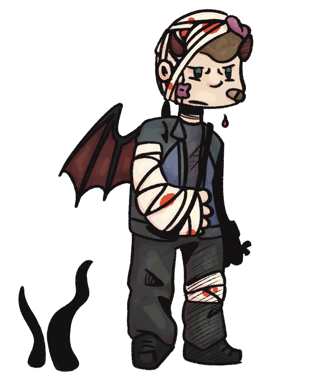 Rodney has horns and wings. He looks upset, covered in whale guts and bloodied bandages.