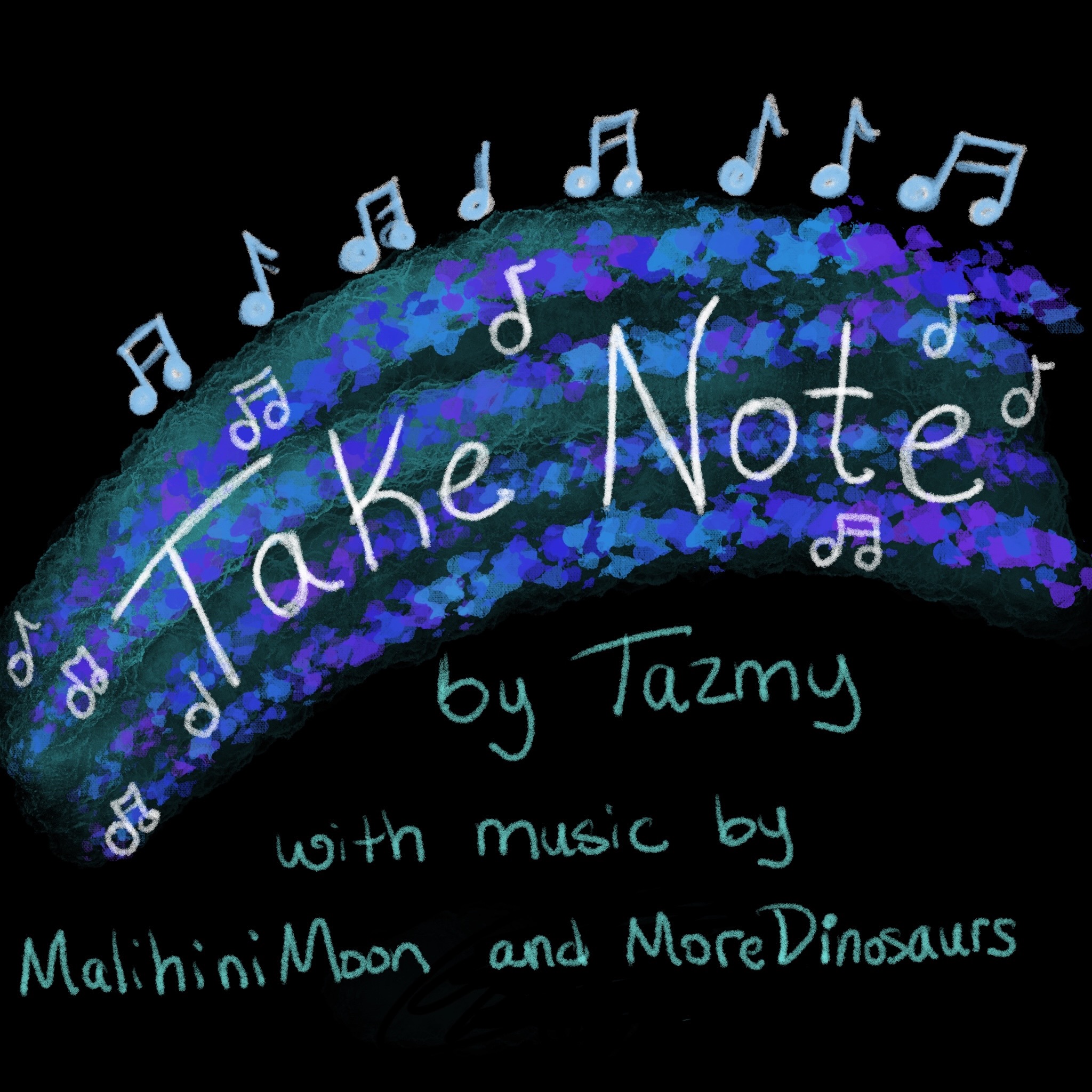 Colorful musical notes on a green and blue rainbow. Cover art for the podfic.